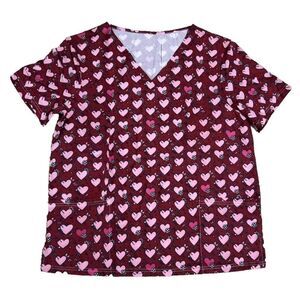 Scrubs Top Heart Print Red Pink Uniform Nurse Size Large